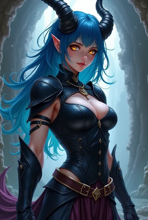 A tiefling with black horns, medium length blue hair ,golden eyes and leather armor in anime version
