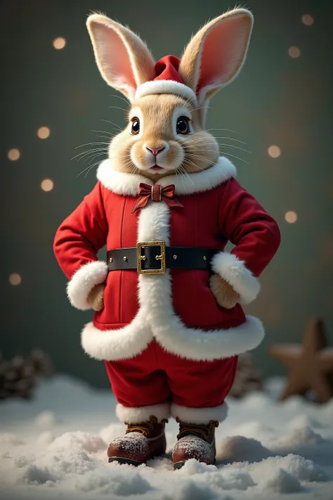 photorealistic portrait of Dressed animals - a ((fat)) (angora rabbit) performer,(Art by Anna Dittmann:1.2),(Christmas theme),(cute),(happy smile:1.2), (elegant),(hands on hips:1.5), high quality,(lovely) ,(highly detailed Santa Claus costume:1.5),, ,(high...