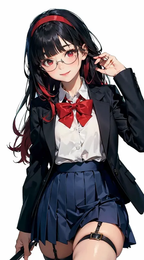 ultra cute kawaii:1.4,(woman,high school student,beautiful face,medium height,black straight hair,dark red eyes,long hair,blunt bangs),(rimless glasses ,white collared shirt, blue blazer,blue pleated skirt, school uniform,red bow,long sleeve,black kneehigh...