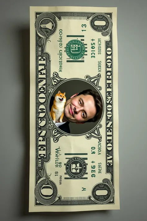 1-dollar bill ,  instead of a dollar stamping a dollar print a doge,   photo of Elon Musk in the center of the note .  Size of the entire bill 