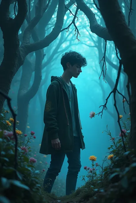 A 25-year-old boy who got lost in the woods trying to find a flower delirium of the Tim Burton-style blue spider