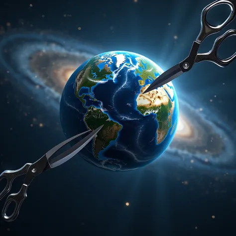 Create me an image of planet Earth cut by scissors ,imagen realista .galaxy background