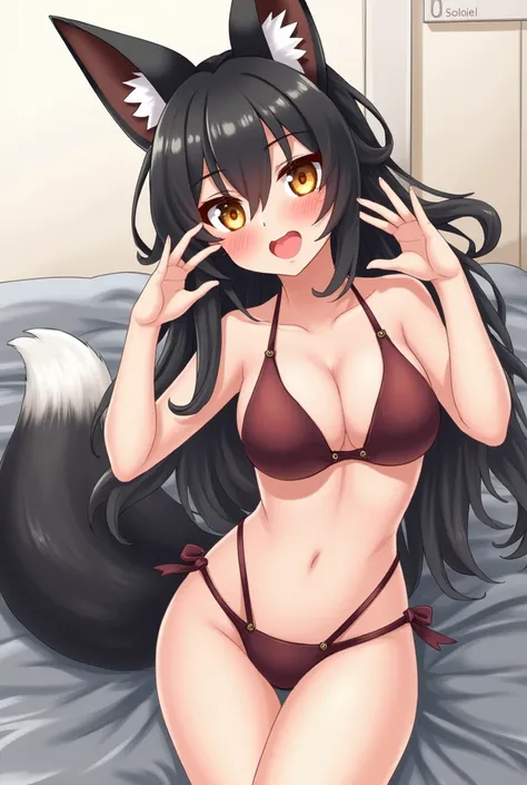 Fox Ears,  blush,  open her mouth ,  sticks out his tongue ,Water from the crotch, micro bikini,Eye pupil up,Hair color is black,They have 5 tails ,Nipples out,Give out milk,((Large areola)) eyes are brown