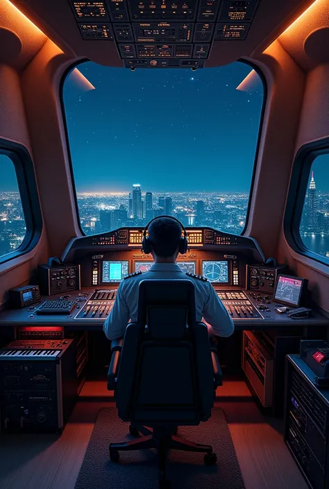 Fait moi un cockpit d’avion de nuit qui est mélanger à un studio de musique 