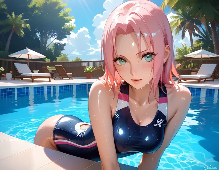 score_9, score_8_up, score_7_up, BREAK source_anime, rating_explicit, best quality, masterpiece, uncensored, 1girl, detailed face, aesthetic background, dynamic light, volumetric lighting, softbox light, nsfw, pool, BREAK haruno_sakura, naruto_(series), 1g...