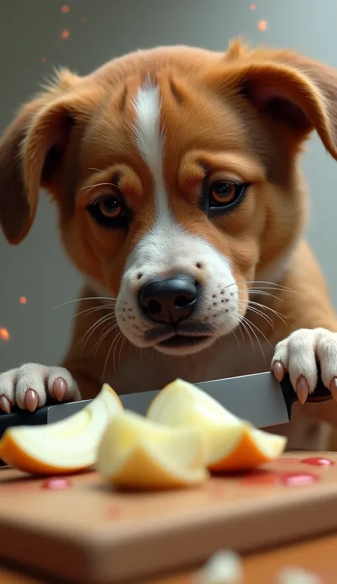 Dog crying while cutting onions high definition, masterpiece,  anatomically correct,  high detail,  Ultra High Definition,  textured skin , 