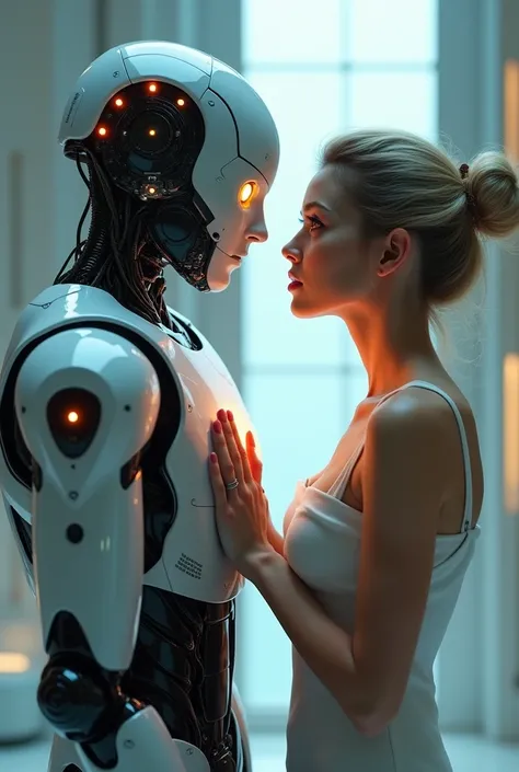 A male robot nil down propos a woman with his heart