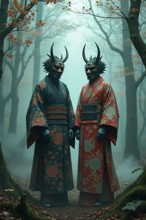 Two figures in floral kimonos wearing ornate oni masks, standing in a misty forest with a mysterious, ethereal atmosphere