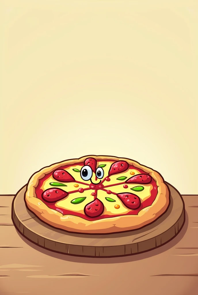 Round cartoon style pizza on a table