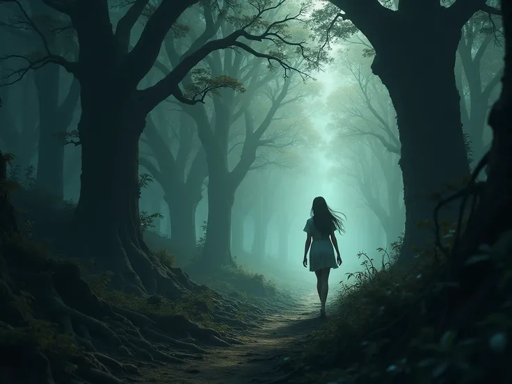 
A girl walks alone through the dark forest