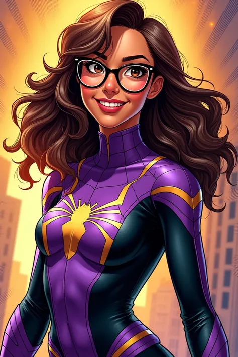 Marvel comics panel style, a young woman with tan skin, with brown eyes, who wears glasses, with brown wavy butterfly hair, wears the Spiderman suit but in purple and black and has a radiant smile