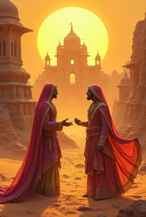 A vibrant Rajasthani desert landscape under the golden sunset, with two human-like figures representing Fate and Effort, dressed in royal Rajasthani attire, engaged in a heated debate. The background features a grand sandstone fort with intricate carvings,...