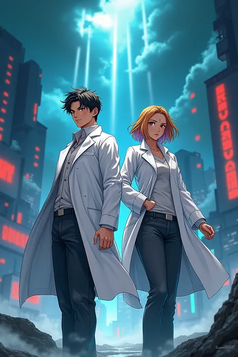 A cover image of a very hundred fictional book: two scientists for saving the world in anime 