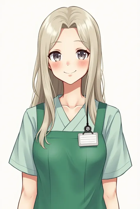  download the image of a drawing of a female therapist who wears a green apron, with a credential on her chest ,  long, smooth light hair and white skin 