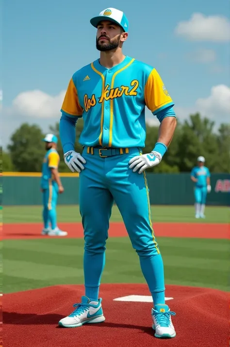 Turquoise blue baseball uniform with striking yellow and the word Los Kur2 in the middle