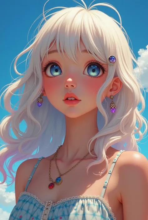 masterpiece，Dazzling colorful light，Ultra Detailed，A girl，big eyes，Extra long curly hair，White-blond hair，A fascinating adventure，Glowing lips，Close-up of face，Exposed shoulders，Dreamy and beautiful，Thick paint of the characters，Fine brushstrokes，wallpaper...