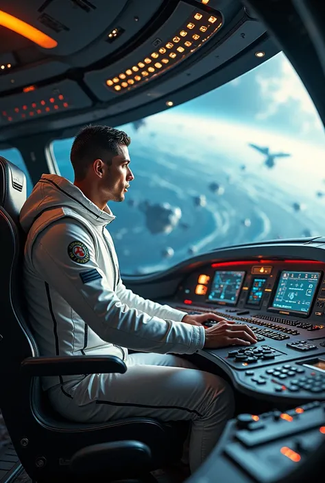 Ronaldo piloting the spaceship through a vibrant starry galaxy, planets and asteroids zooming past the windows."
