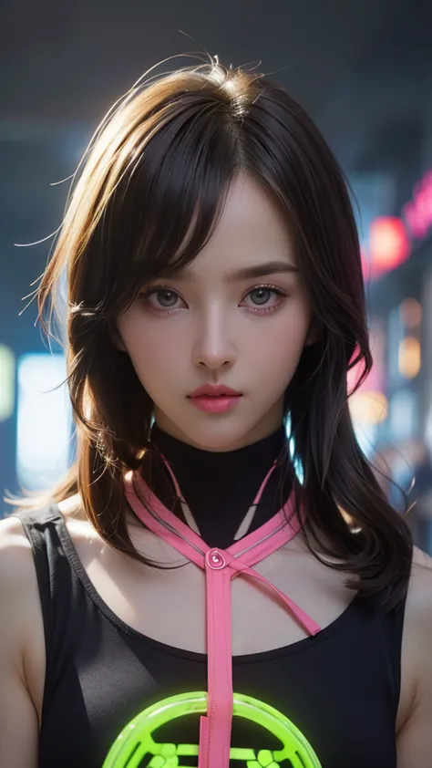 (masterpiece, highest quality, highest quality, Official Art, beautifully, aesthetic:1.2), Staring at the viewer, Portrait Photography, (Cyberpunk beautiful girl 1 person), Big iridescent eyes, Beautiful skin, (Pink and blue long hair with bangs), Very det...