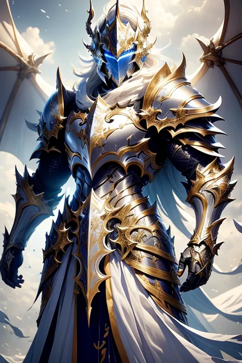 (1 knight) full body male dragon paladin wearing a white leather armor under a shiny white intricate elaborated baroque plate ch...