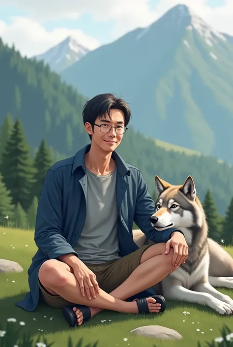 a 50 year a man Japanese face,very short small neat hair,wearing glasses,white skin,wearing a gray t shirt and blue jacket t shirt,a brown short cargo and black sandals,sitting relaxed with a big wolf,green mountain,clear atmosphere,high realistic,