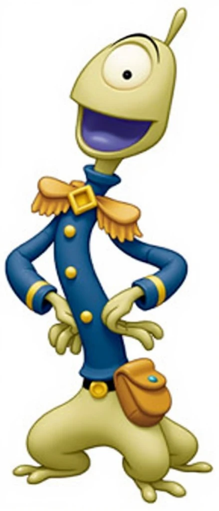 Pleakley is a slender, beige-green cyclops-like alien with three stout legs with two toes on each foot, a wide mouth with two purple tongues, three elongated fingers on each hand, an egg-shaped head topped with a single small antenna that acts as an ear an...