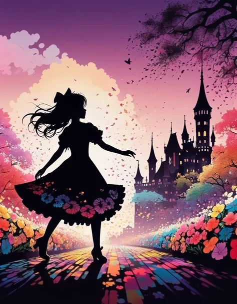 Shadow art, Flat illustration, silhouette art, everything except the shadows is colored with colored cellophane, Rain of petals, petals dancing in the wind, rose flower. Adorable and cute girl, short gothic lolita outfit, twirling happily, lifting skirt he...