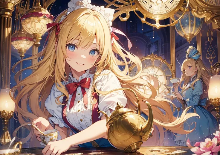 A close-up illustration of a beautiful girl inspired by "Alice in Wonderland." Her radiant blonde hair flows gracefully, adorned with ribbons and floral decorations. Her bright smile and curious gaze light up her face. The background depicts an elaborate W...