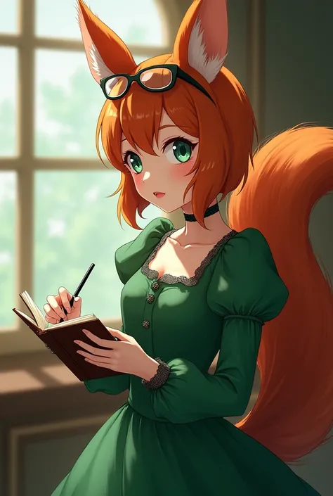 Ginger squirrel classy anime girl writting in her notebook. Human face, squirrel ears. Mesh opening showing cleavage on her victorian style emerald dress. Has reading glasses on her head.