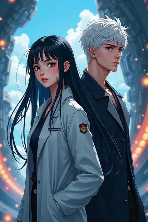  Cover of a science fiction book two scientists a pretty girl with long straight black hair and the handsome white boy , Very epic time lines in anime 