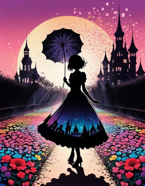 Shadow art, Flat illustration, silhouette art, everything except the shadows is colored with colored cellophane, Rain of petals, petals dancing in the wind, rose flower. Adorable and cute girl, short gothic lolita outfit, twirling happily, lifting skirt he...