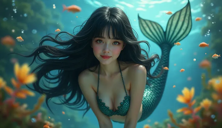 Realistic beautiful long bangs black hair little smiling mermaid under the sea blackground blur rainbow fishes sea creatures plants