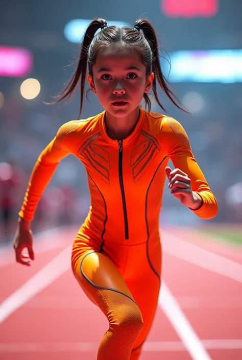 Young Girl in orangen neon  latex competition runsuit leggings

