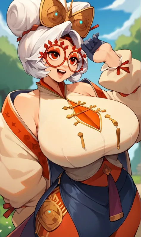 score_9, score_8_up, score_7_up, score_6_up, score_5_up, score_4_up, (source_anime), purah,
1girl,  huge breasts, narrow waist, thick thighs,  hair ornament, red headband, red glasses, sleeveless shirt, white coat, black skirt, red leggings, gloves, high h...