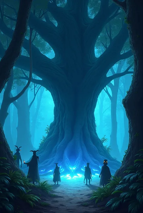 A mystery jungle with open space, A big tree in the background, Roots are fainting with blue light and spreads to its branches, Some shadow creature are capturing the tree, Disney Pixar style 