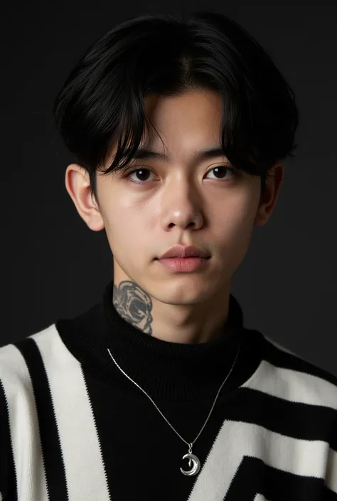 A boy with brown eyes has a stripe on the rim of his eyes, black hair, a tattoo of a black color on his neck, has a skull earring, wears a turtleneck with black and white stripes, and wears a silver crescent moon necklace.