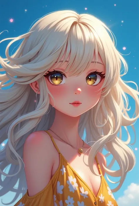 masterpiece，Dazzling colorful light，Ultra Detailed，A girl，big eyes，Extra long curly hair，White-blond hair，A fascinating adventure，Glowing lips，Close-up of face，Exposed shoulders，Dreamy and beautiful，Thick paint of the characters，Fine brushstrokes，wallpaper...