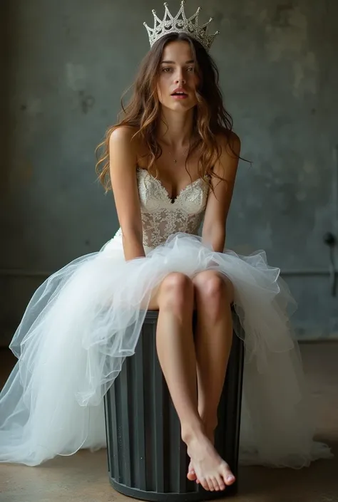 16-year-old teenager dressed in a wedding dress wearing a crown with tight black thong in a garbage can with her legs open having an orgasm 