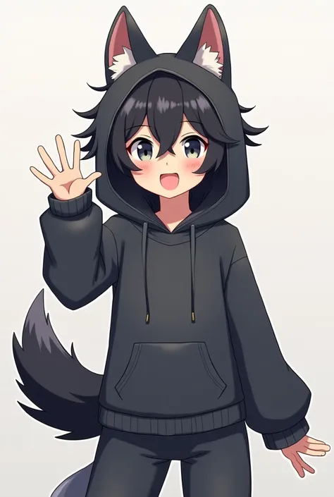 Male anime character with fluffy black hair wearing dark gray wolf clothing, long fluffy tail of dark gray wolf, dark gray wolf hood, making a cheerful face with flushed cheeks