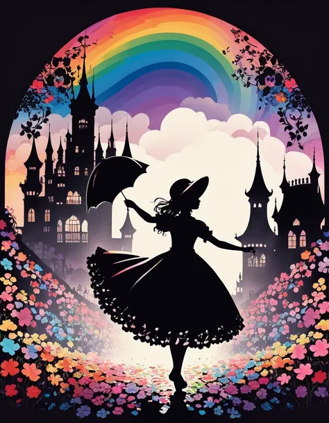 Shadow art, Flat illustration, silhouette art, everything except the shadows is colored with colored cellophane, Rain of petals, petals dancing in the wind, rose flower. Adorable and cute girl, short gothic lolita outfit, twirling happily, lifting skirt he...