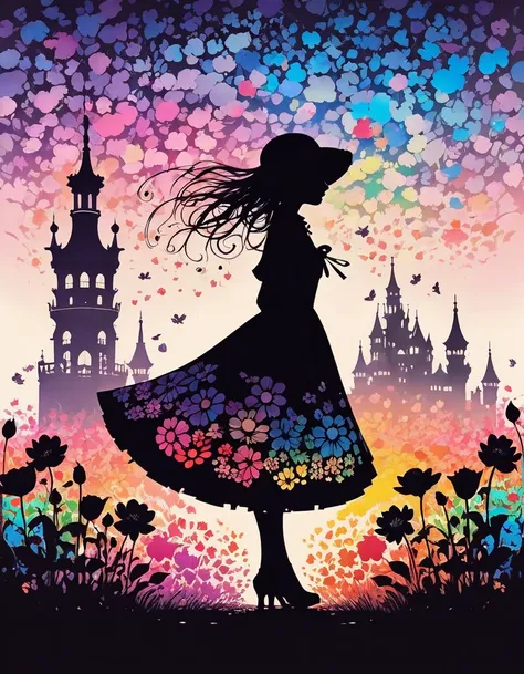 Shadow art, Flat illustration, silhouette art, everything except the shadows is colored with colored cellophane, Rain of petals, petals dancing in the wind, rose flower. Adorable and cute girl, short gothic lolita outfit, twirling happily, lifting skirt he...