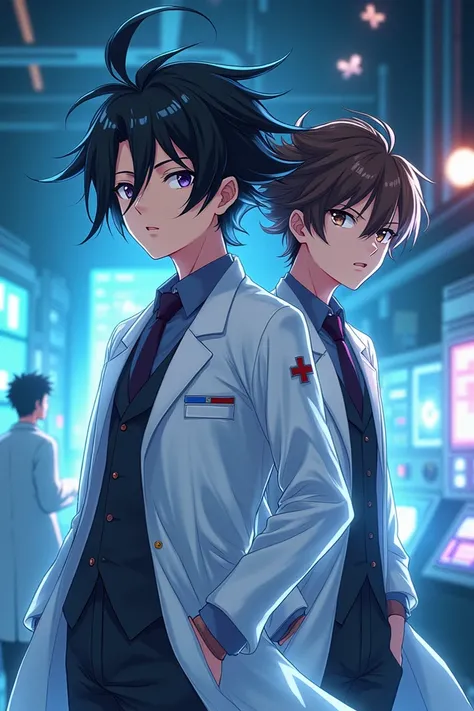 An anime book cover of two scientists and a handsome boy in the background  , the pretty black-haired scientist and the brown-haired scientist in sci-fi and very epic anime style