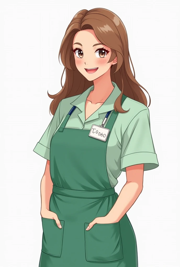  download the image of a drawing of a female therapist who wears a green apron, with a credential on her chest ,  light brown hair on the tips,  long and smooth and white skin .   Small eyes with a smile  