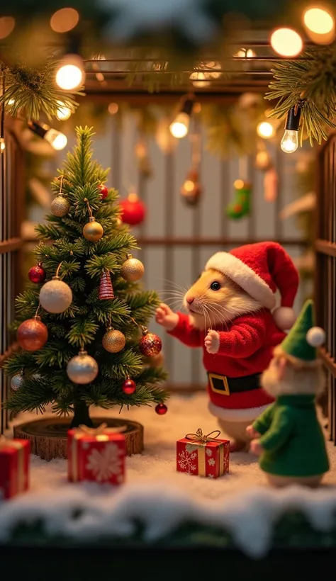 A festive hamster cage transformed into a miniature Christmas wonderland. Inside the cage, one hamster is dressed as Santa Claus, wearing a red hat and a red Christmas shirt, as he carefully decorates a tiny Christmas tree with ornaments and lights. Nearby...