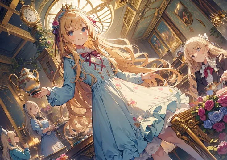 A close-up illustration of a beautiful girl inspired by "Alice in Wonderland." Her radiant blonde hair flows gracefully, adorned with ribbons and floral decorations. Her bright smile and curious gaze light up her face. The background depicts an elaborate W...