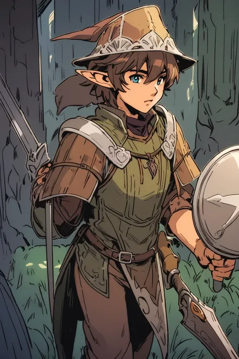 "Retro anime style. A male adventurer, young, 20 years old, short brown hair, thin and tall, pointy ears, elf. wearing a purple talking hat. a black speaking cover. a silver-colored talking sword. a white speaking shield. a talking boot on the left foot wi...