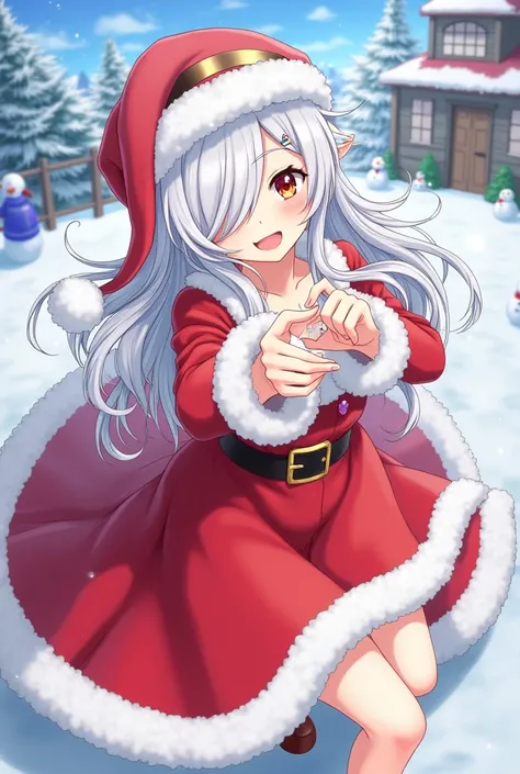  a girl, magical girl, costume, Santa Claus,  long hair , smile, beautiful, Ojos rojos, looking at the viewer,  High resolution,  Pointy ears,  masterpiece,  silver hair,  hair over an eye ,  messy hair, breasts,  Crystal Earrings, smile, happy, smile sedu...