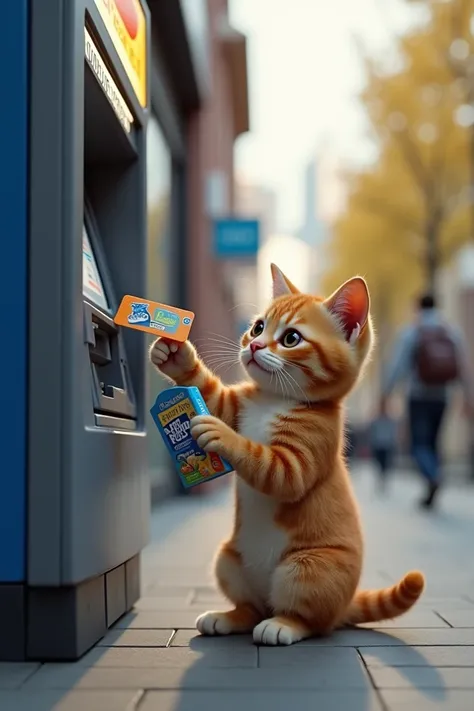 A cat drinks a juice box waiting for the ATM to charge it with its credit card 