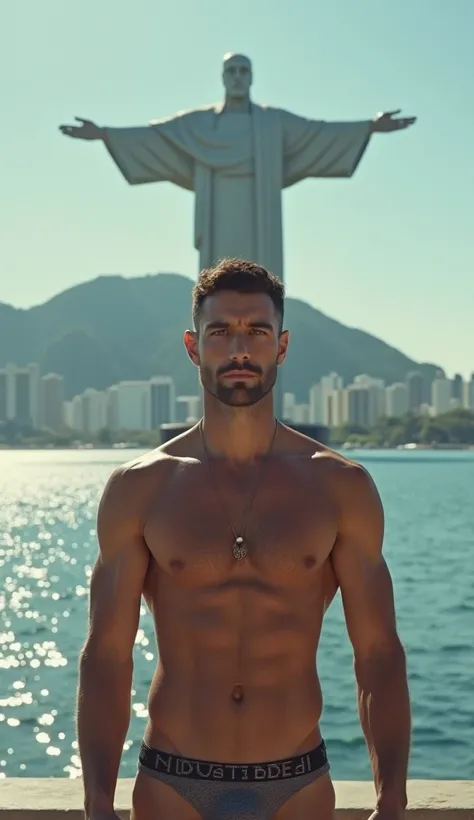 A male model in underwear looks into the camera. His beautiful eyes can be seen and behind him, an epic futuristic landscape of a colossal, godlike statue towering over a shimmering cityscape by the ocean.