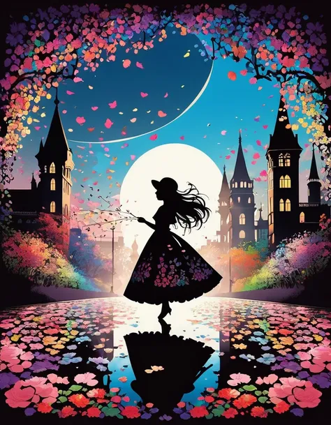 Shadow art, Flat illustration, silhouette art, everything except the shadows is colored with colored cellophane, Rain of petals, petals dancing in the wind, rose flower. Adorable and cute girl, short gothic lolita outfit, twirling happily, lifting skirt he...