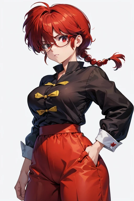 masterpiece, best quality, 1girl, ranma-chan, Ranma 1/2, cowboy shot, teenage, tomboy, genderswap (mtf), perky breasts, toned female, pants, chinese clothes, tangzhuang, ranma saotome, braid, red hair, single braid, braided ponytail, red eyes, medium breas...